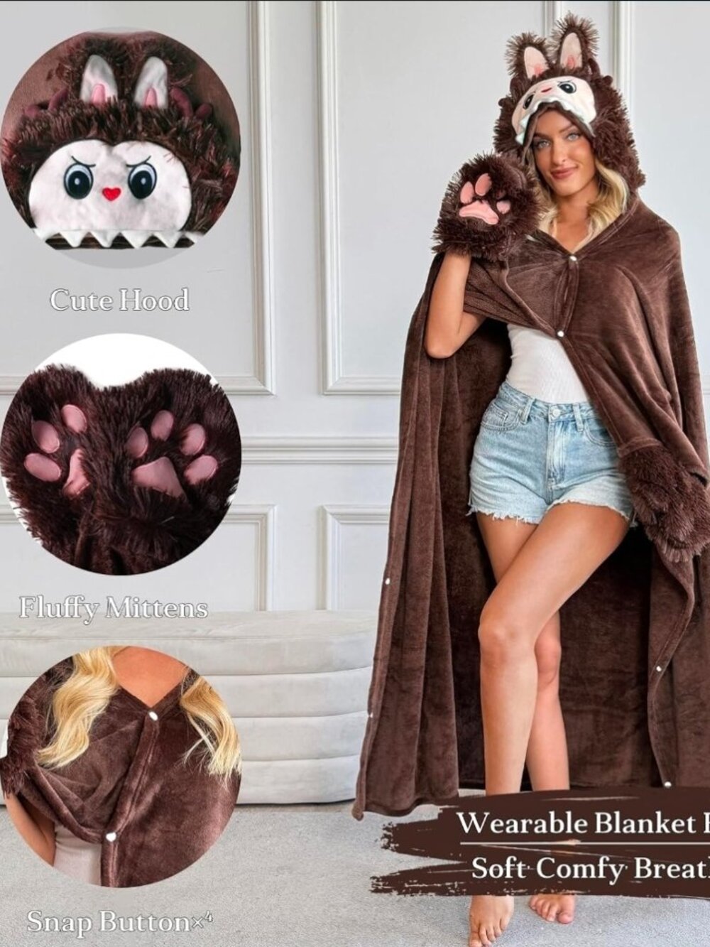 Adult & Kids Wearable Blanket Hoodie Wolf Animal One Size 62x52 Plush